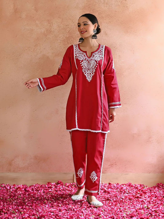New Chikankari Exclusive  Kurti_Pent Pair  (Red) 12