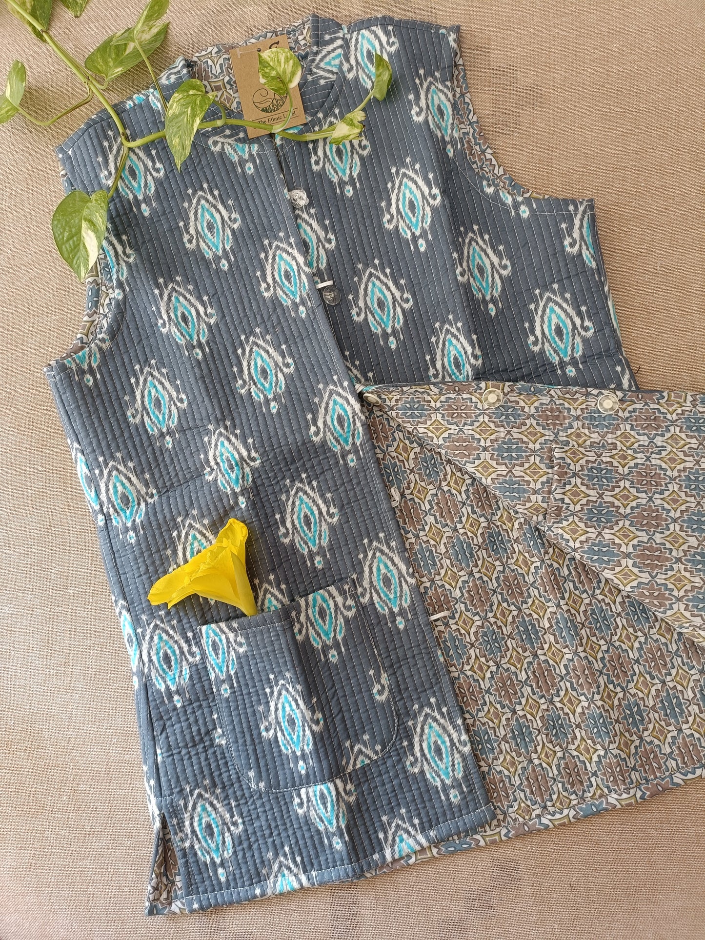 Blue-Grey Hand Block Printed Reversible Jacket