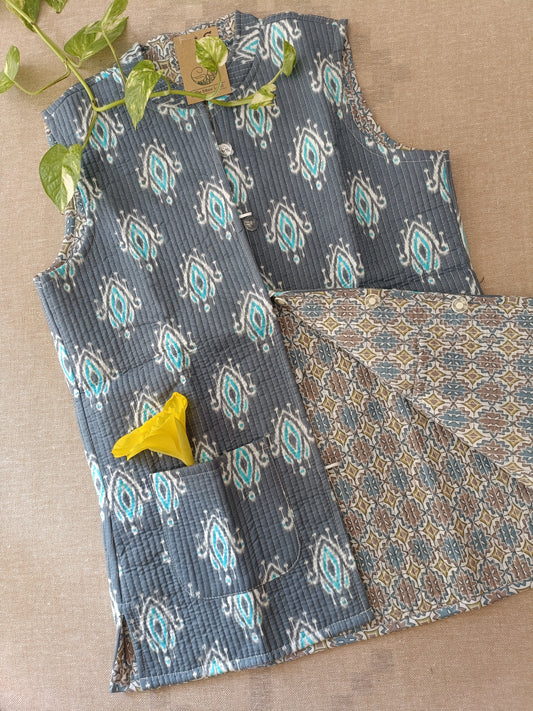 Blue-Grey Hand Block Printed Reversible Jacket
