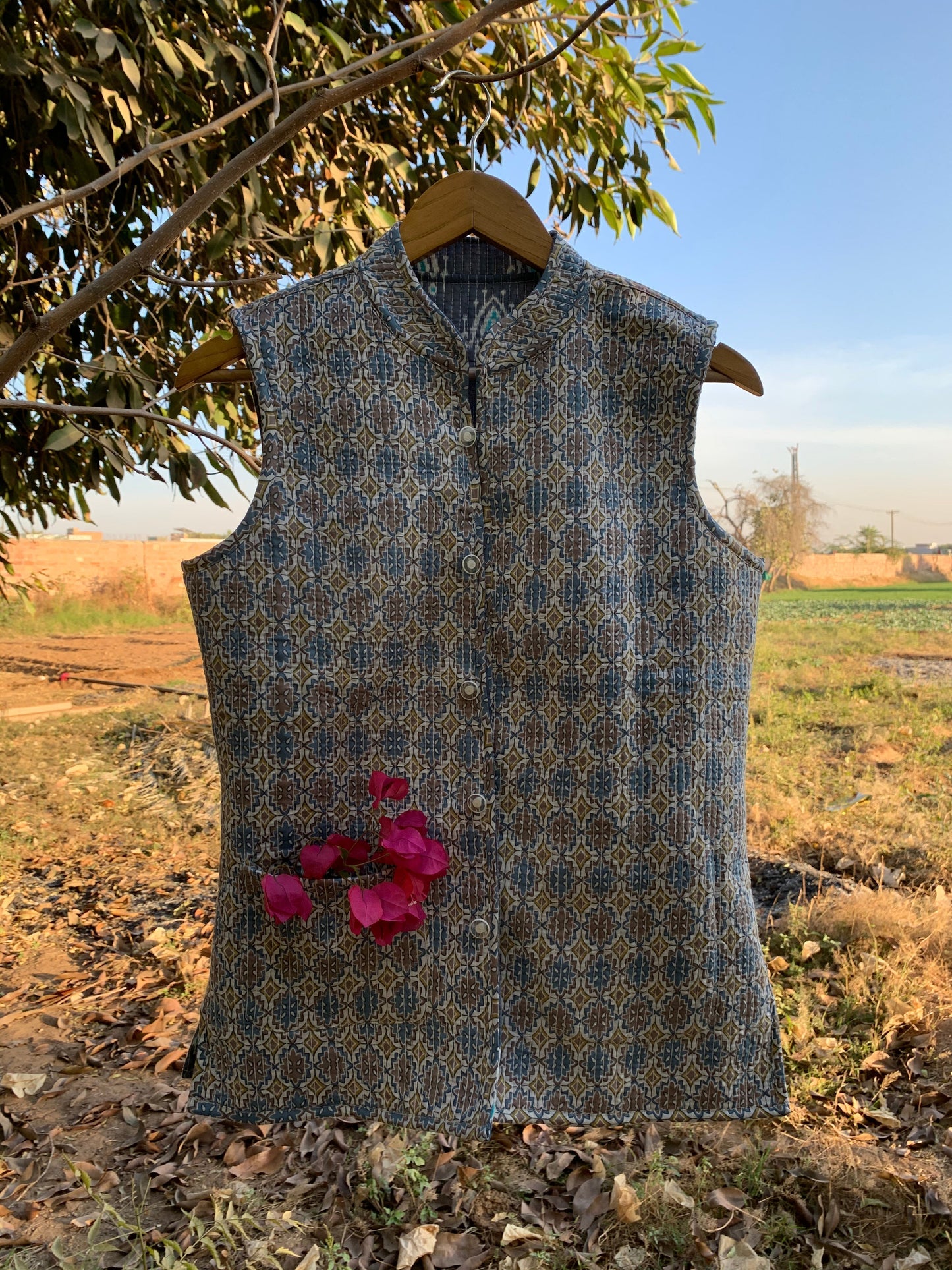 Blue-Grey Hand Block Printed Reversible Jacket