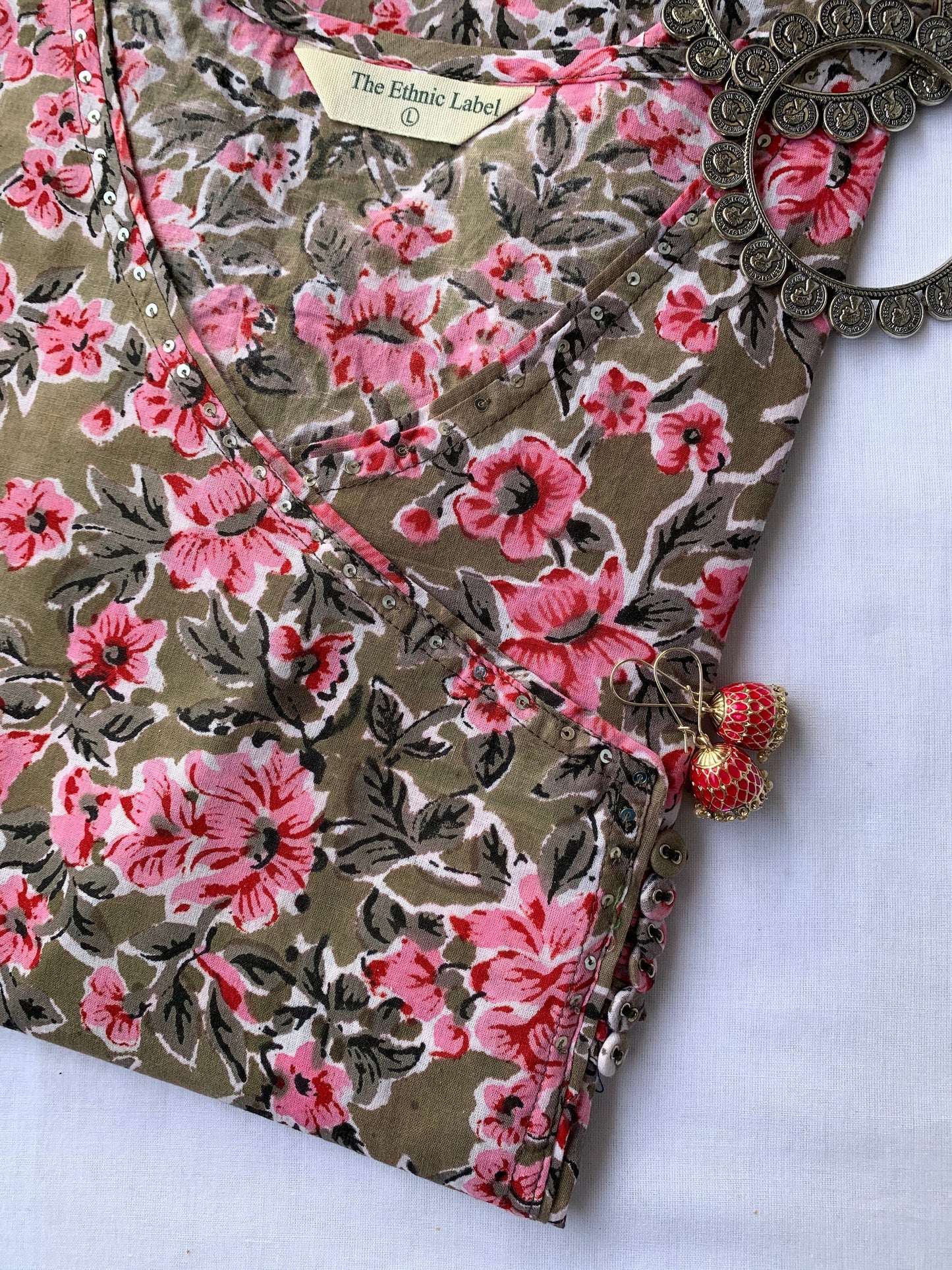 "Carnation" Olive-Pink Cotton Kurta