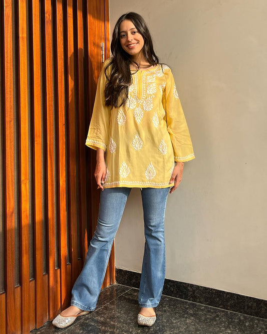 Women Chikan Embroidery Cotton cotton A-line Kurta  (Yellow) 46