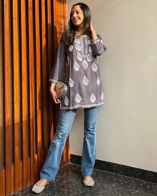 Women Chikan Embroidery Cotton A-line Kurta (Greay) 43