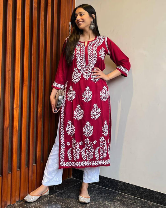 WOMEN CHIKAN EMBROIDERY Kurti_Pent Pair Design (MAROON) 56